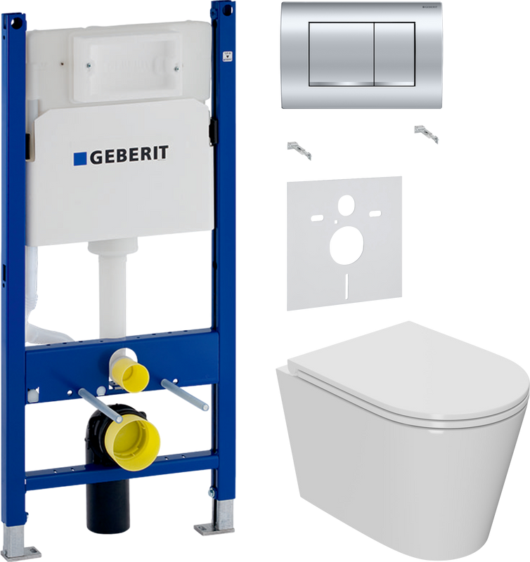 Комплект Унитаз подвесной Bauedge Bau Nimb Hurricane-2 безободковый, с микролифтом, белый + Звукоизоляция Geberit + Инсталляция Duofix Delta 458.163.21.1 с кнопкой смыва, хром