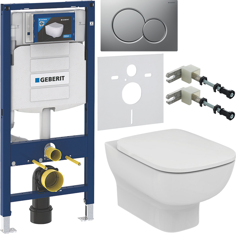 Комплект Унитаз подвесной Ideal Standard Esedra AquaBlade T386001 + Крышка T318101 с микролифтом + Инсталляция Geberit Duofix UP 320 111.300.00.5 + Кнопка Sigma 01 115.770.JQ.5 лакированная, матовый хром + Крепления 111.815.00.1 к стене + Звукоизоляция