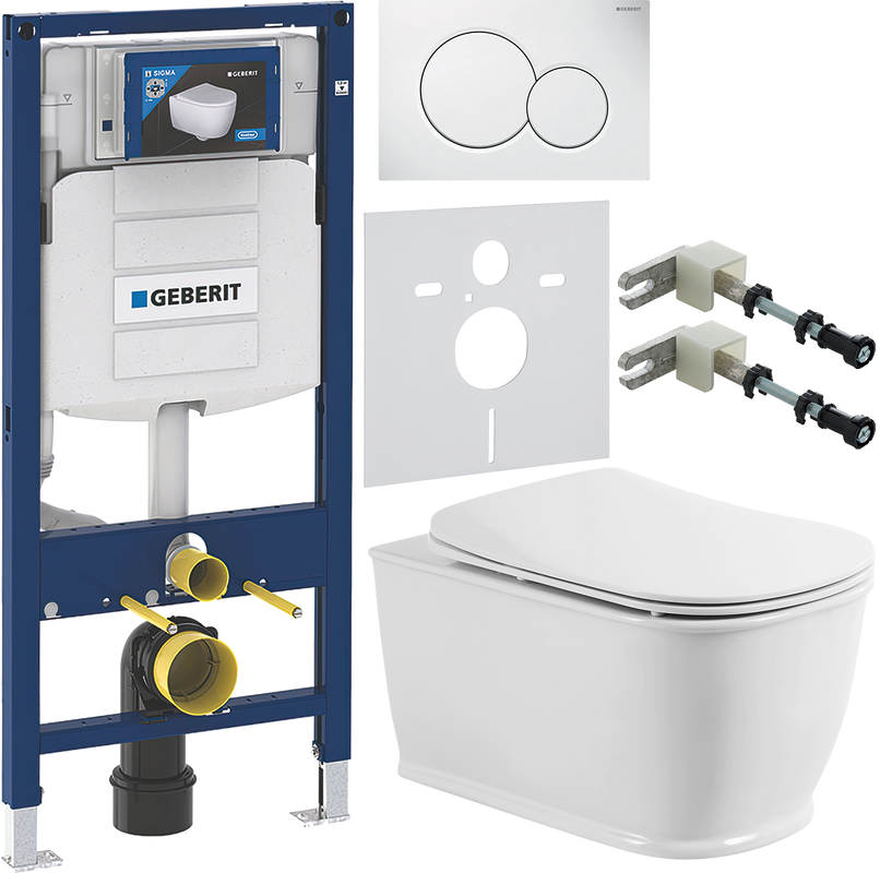 Комплект Унитаз подвесной BelBagno Prado BB10150CH безободковый + Крышка BB10150SC с микролифтом, петли хром + Инсталляция Geberit Duofix UP 320 111.300.00.5 + Кнопка Sigma 01 115.770.11.5 белая + Крепления 111.815.00.1 к стене + Звукоизоляция