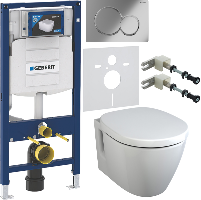 Комплект Унитаз подвесной Ideal Standard Connect E781901 с функцией биде + Крышка + Инсталляция Geberit Duofix UP 320 111.300.00.5 + Кнопка Sigma 01 115.770.JQ.5 лакированная, матовый хром + Крепления 111.815.00.1 к стене + Звукоизоляция