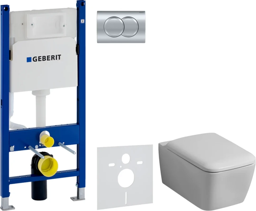 Комплект Унитаз подвесной Geberit iCon Square 201950000 + Крышка Square 571910000 + Инсталляция Duofix Delta 458.149.21.1 с кнопкой смыва, хром + Звукоизоляция
