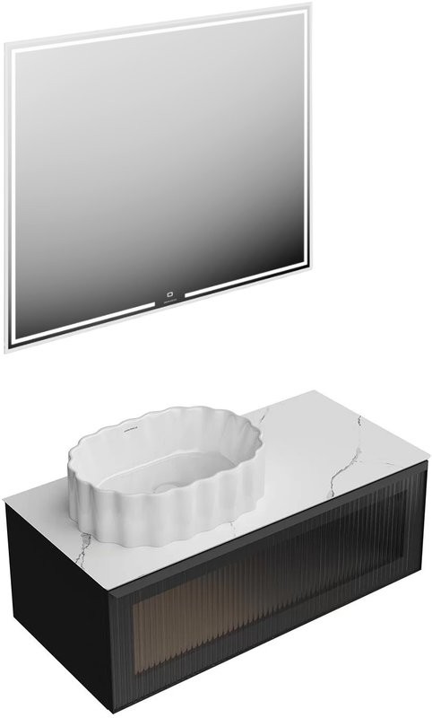 Мебель для ванной комнаты KERAMA MARAZZI Iconico 100 подвесная, 1 ящик, черная, столешница CO3, с раковиной Conchiglia 50, белой глянцевой