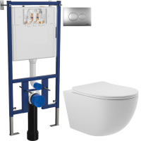 Комплект Унитаз подвесной Aqueduto Ovo OVO0120 безободковый, с микролифтом, белый матовый + Инсталляция DIWO + Кнопка 7311 хром матовый
