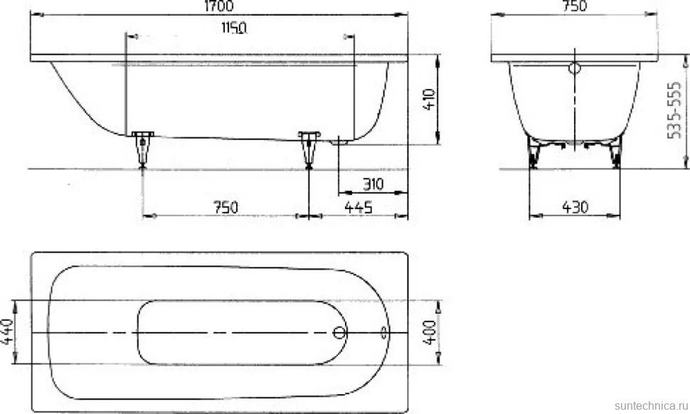 Стальная ванна Kaldewei Advantage Saniform Plus 373-1 170x75 см, пристенная, на ножках