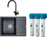 Комплект Мойка кухонная Paulmark Flugen 50-650 PM216550-BLM черный металлик + Смеситель Heller He213218-418 черный металлик + Фильтр Refine System