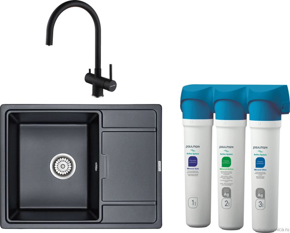 Комплект Мойка кухонная Paulmark Flugen 50-650 PM216550-BLM черный металлик + Смеситель Heller He213218-418 черный металлик + Фильтр Refine System