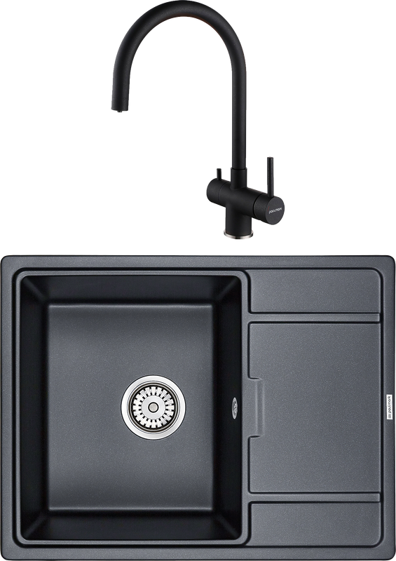 Комплект Мойка кухонная Paulmark Flugen 50-650 PM216550-BLM черный металлик + Смеситель Heller He213218-418 черный металлик + Фильтр Refine System