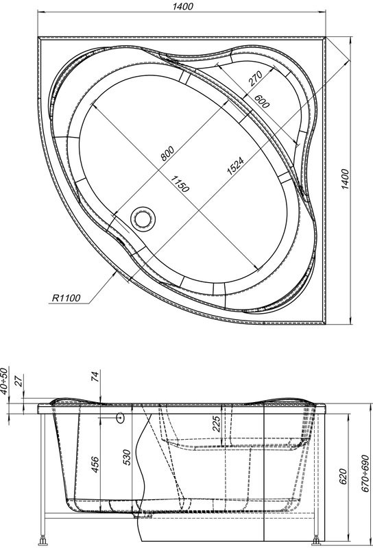 Акриловая ванна Aquanet Palau 00205535 140x140 см, угловая, пристенная, белая, четверть круга, с каркасом, для двоих