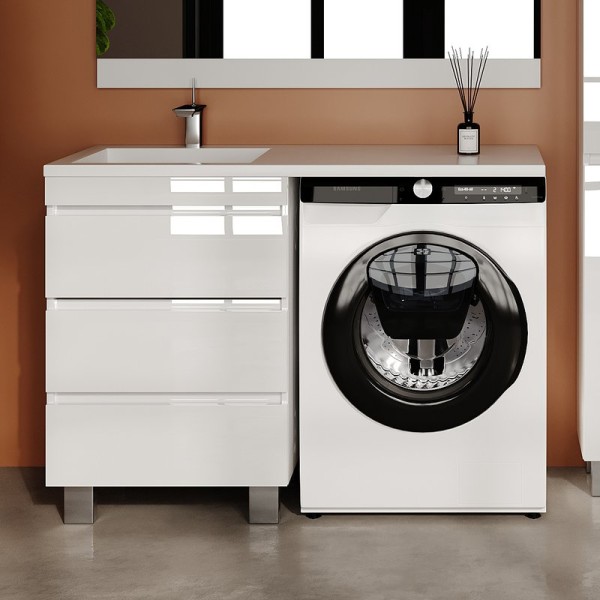Тумба с раковиной Style Line Даллас Леон 120 L Люкс Plus напольная, белая, для стиральной машины, 3 ящика