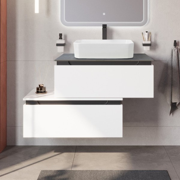 Тумба с раковиной Cezares Slider 80 подвесная, 2 ящика, bianco opaco, со столешницей marmo nero opaco