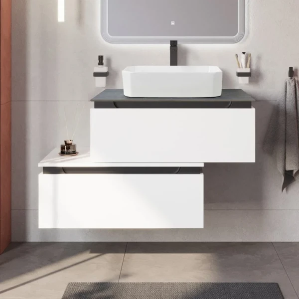 Тумба с раковиной Cezares Slider 80 подвесная, 2 ящика, bianco opaco, со столешницей marmo nero opaco