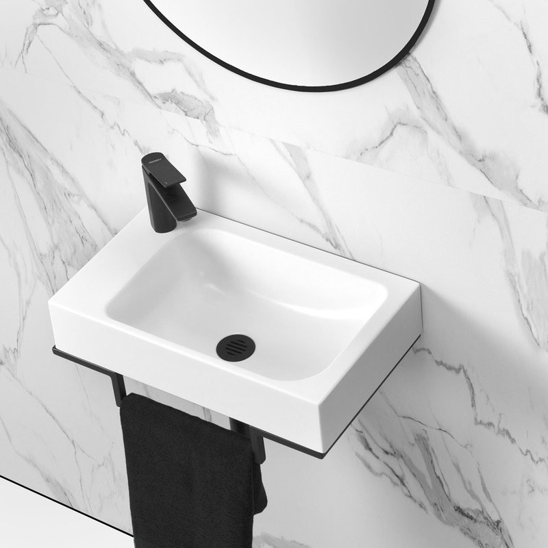 Консоль с раковиной Belux Темпо 50 R подвесная, цвет консоли черный, сифон квадратный, черный