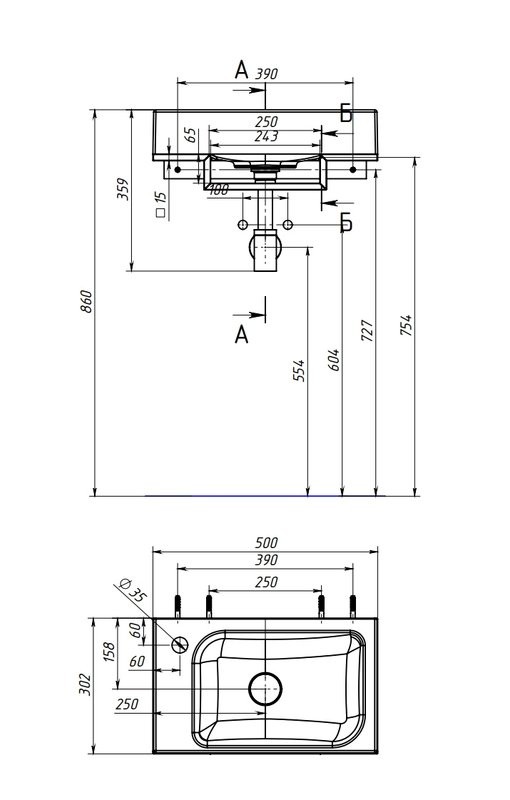 Консоль с раковиной Belux Темпо 50 R подвесная, цвет консоли черный, сифон квадратный, черный