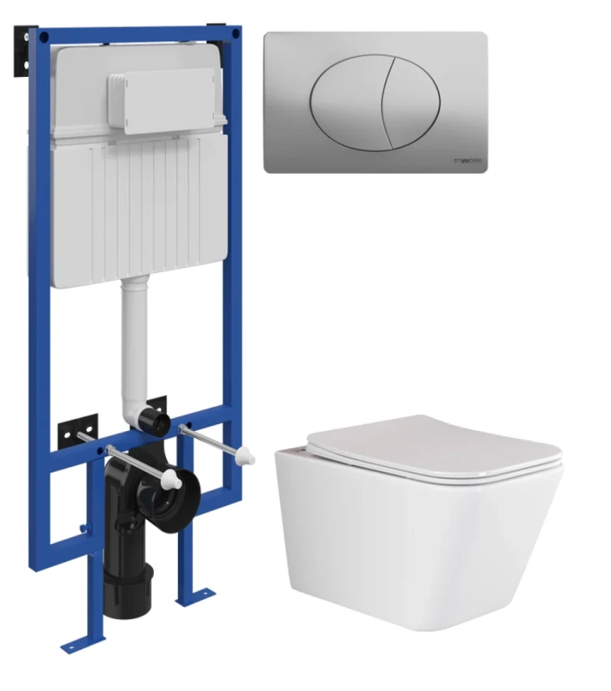 Комплект Унитаз подвесной Ceramicanova Metric Rimless CN3007 с микролифтом, безободковый + Инсталляция STWORKI + Кнопка 230823 хром матовый