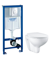 Комплект Унитаз подвесной Grohe Bau Ceramic 39351000 безободковый, альпин-белый + Инсталляция Rapid SL 38721001 3 в 1 с кнопкой смыва