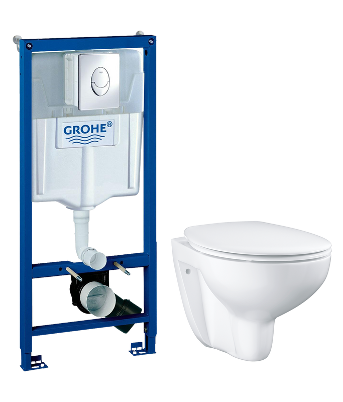 Комплект Унитаз подвесной Grohe Bau Ceramic 39351000 безободковый, альпин-белый + Инсталляция Rapid SL 38721001 3 в 1 с кнопкой смыва