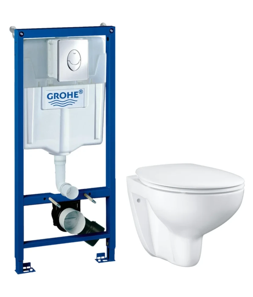 Комплект Унитаз подвесной Grohe Bau Ceramic 39351000 безободковый, альпин-белый + Инсталляция Rapid SL 38721001 3 в 1 с кнопкой смыва