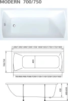Комплект Акриловая ванна 1MarKa Modern Стандарт 1+ 130x70 см, пристенная, белая, со сливом-переливом