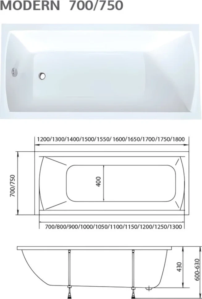 Комплект Акриловая ванна 1MarKa Modern Стандарт 1+ 130x70 см, пристенная, белая, со сливом-переливом