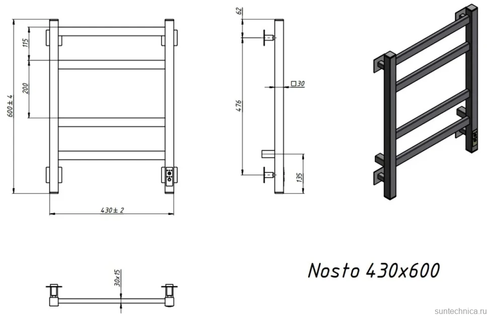 Полотенцесушитель электрический Grota Nosto 430х600 NM EL 60x45 см, подключение справа, слева, скрытое подключение справа, матовый хром, лесенка