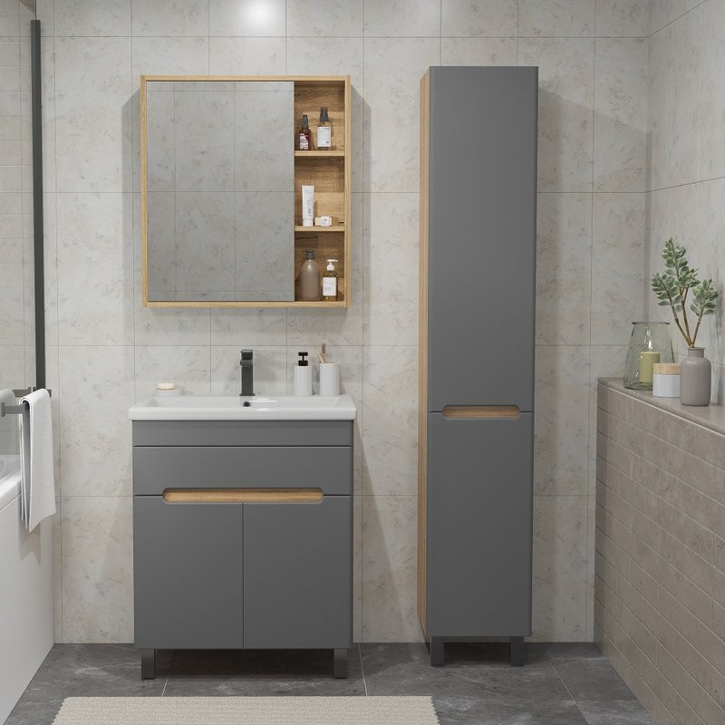 Тумба с раковиной SanStar Модена 70 напольная, графит софт, дуб вотан, раковина Como 70