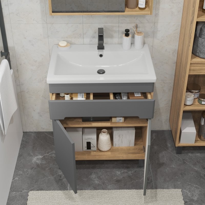 Тумба с раковиной SanStar Модена 70 напольная, графит софт, дуб вотан, раковина Como 70