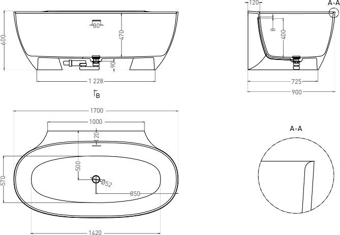 Ванна из искусственного камня Salini Alda Wall S-Stone 170x90 см, пристенная, матовая белая, овальная, с донным клапаном