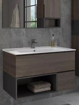 Тумба с раковиной Comforty Франкфурт 90 подвесная, шоколадно-коричневый дуб, с раковиной Quadro 90