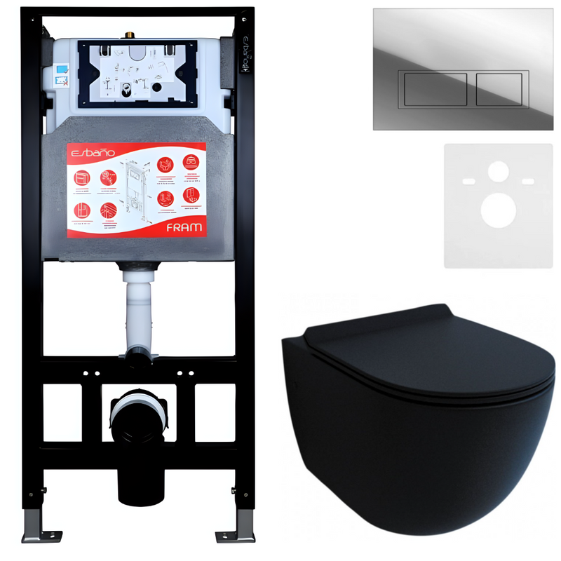 Комплект Унитаз подвесной Esbano Garcia ESUPGARCBM матовый черный + Инсталляция Fram + Кнопка ESINPRK12SC