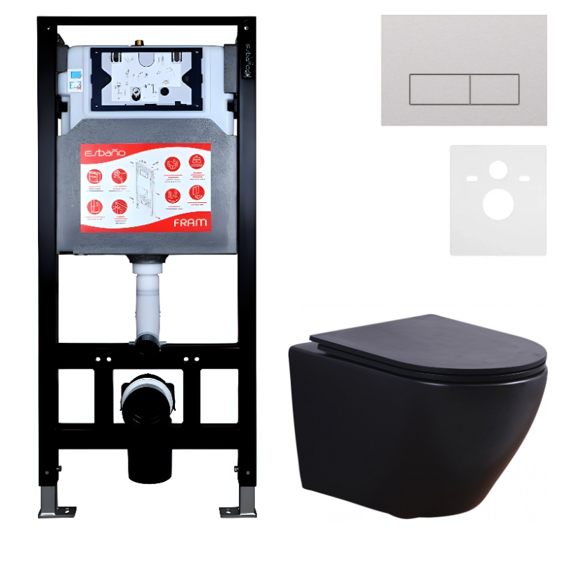 Комплект 3 в 1 Унитаз подвесной Esbano Azalea ESUPAZALBM + Инсталляция Fram + Кнопка ESINMTP21ST цвет сатин