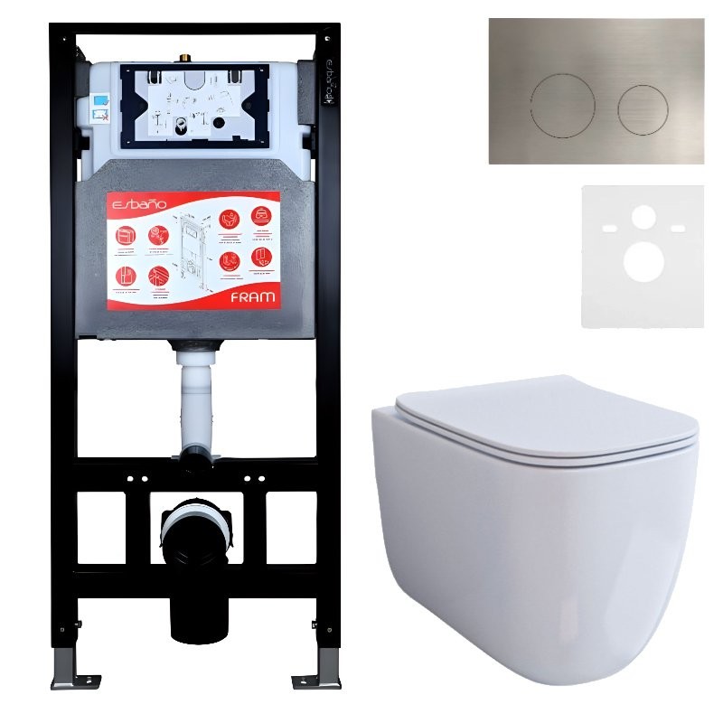 Комплект 3 в 1 Унитаз подвесной Esbano ESUPGARAW + Инсталляция Fram + Кнопка ESINMTK60ST цвет сатин