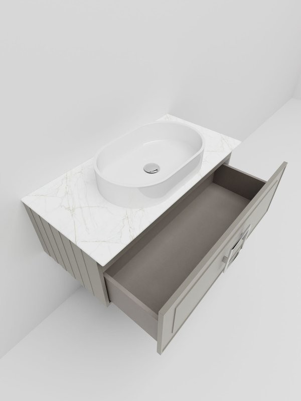 Тумба под раковину со столешницей La Fenice Cubo 80 подвесная, бежевая матовая, столешница белый мрамор
