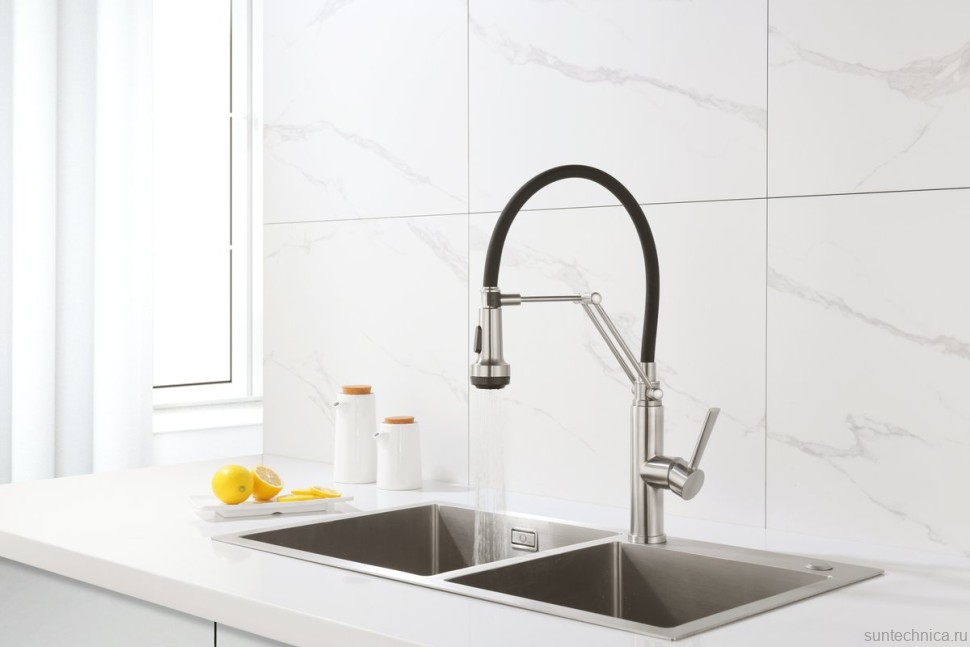 Смеситель для кухни Emar Steel ЕСВ 7012 с гибким изливом, satin