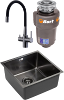 Комплект Мойка Paulmark Vista PM304444-GM вороненая сталь + Смеситель Salix 213419-GM вороненая сталь, черный, с гибким изливом + Измельчитель Bort Titan 5000