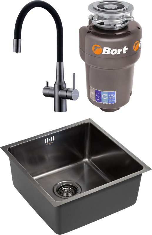 Комплект Мойка Paulmark Vista PM304444-GM вороненая сталь + Смеситель Salix 213419-GM вороненая сталь, черный, с гибким изливом + Измельчитель Bort Titan 5000