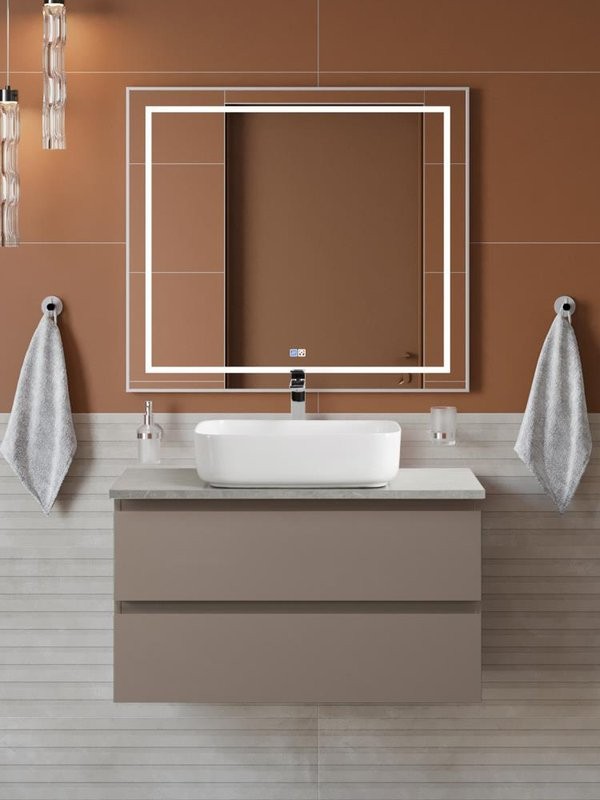 Мебель для ванной комнаты BelBagno Kraft 90 подвесная, матовая бежевая, столешница kep-90-mgl, раковина BB1304