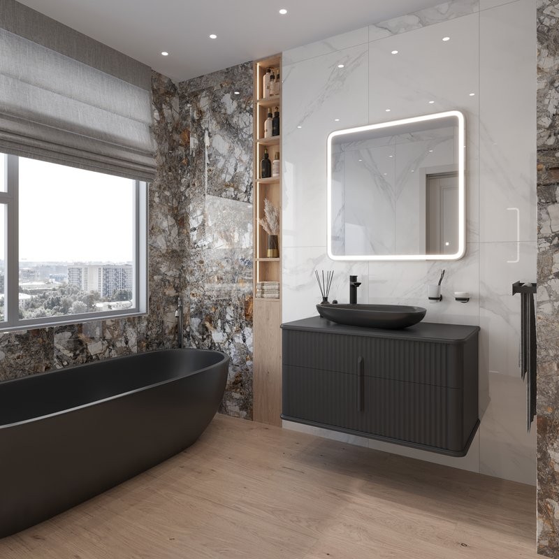 Мебель для ванной комнаты STWORKI Молде 95 антрацит, раковина BOCCHI Etna черная матовая