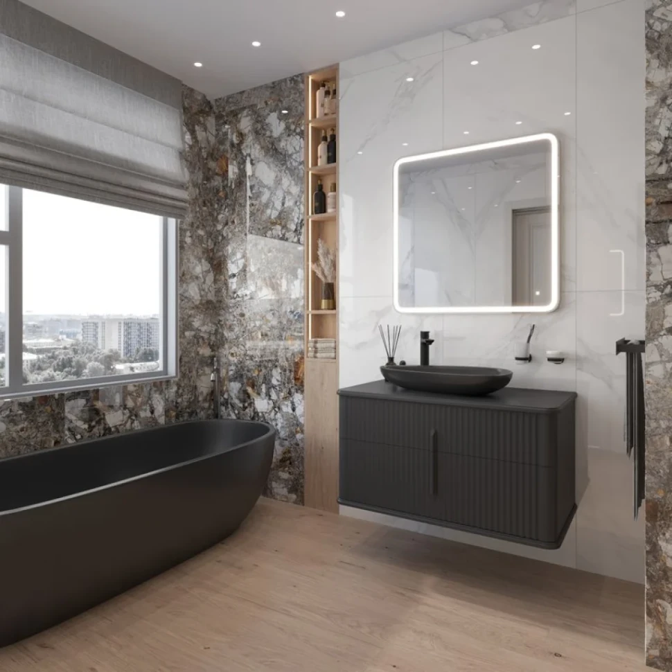 Мебель для ванной комнаты STWORKI Молде 95 антрацит, раковина BOCCHI Etna черная матовая