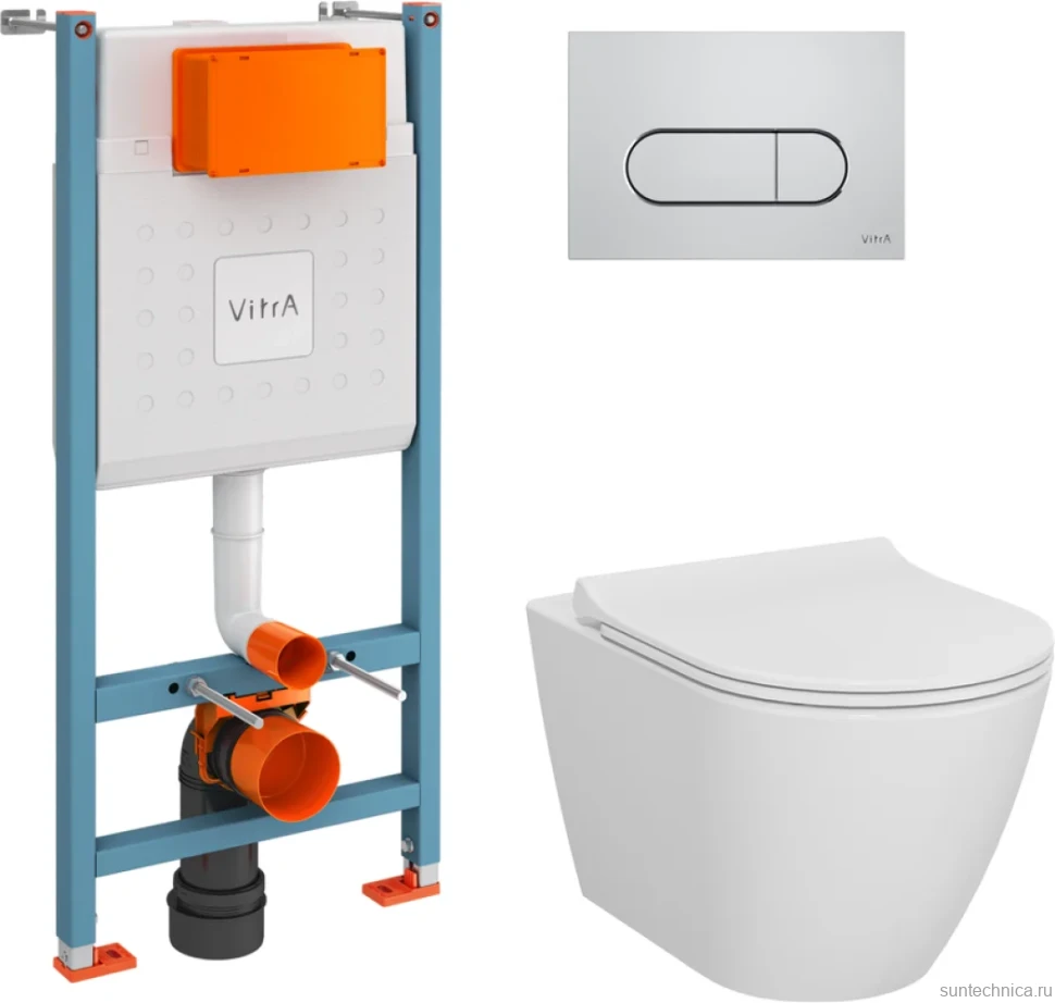 Комплект Унитаз подвесной VitrA Sanibelle белый глянцевый + Крышка с микролифтом, петли хром + Инсталляция VitrA V-Fix Core + Кнопка смыва Root Square 740-2380 хром