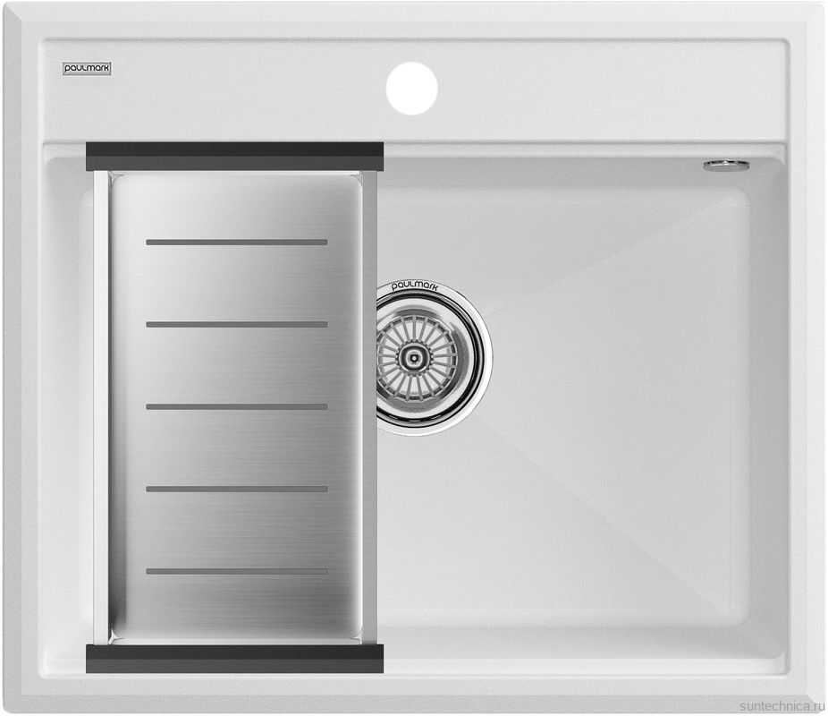 Комплект Мойка Paulmark Stepia PM115951-WH+A375-BS с коландером, белая + Измельчитель Intenso
