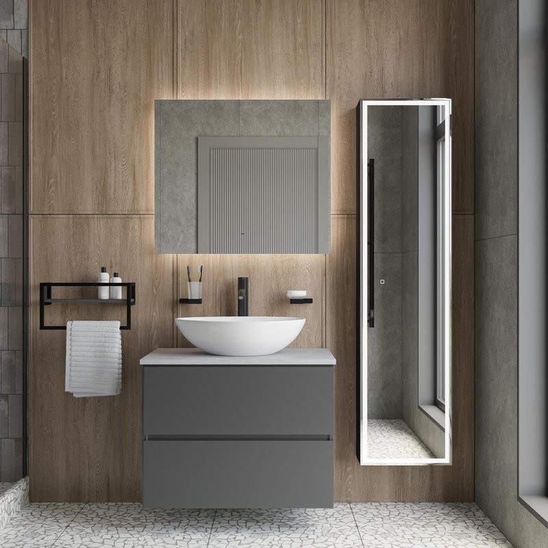 Мебель для ванной комнаты STWORKI Колдинг 80 антрацит, с раковиной Moduo 55 Leaf, столешница серая матовая
