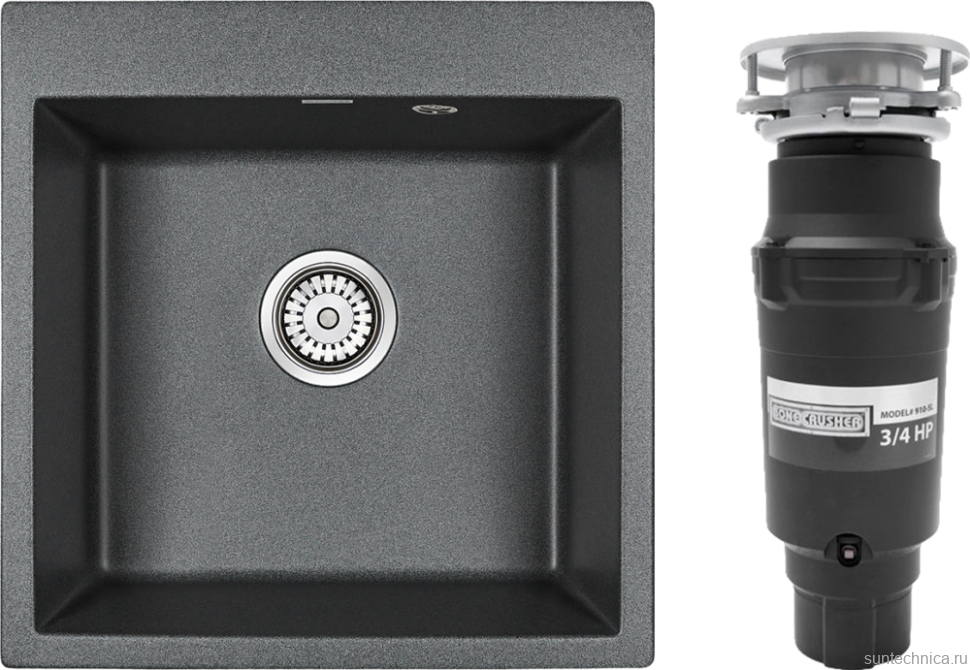 Комплект Мойка Paulmark Kante 50 PM105152-DG графит + Измельчитель Bone Crusher BC 910-SL-Slim Line