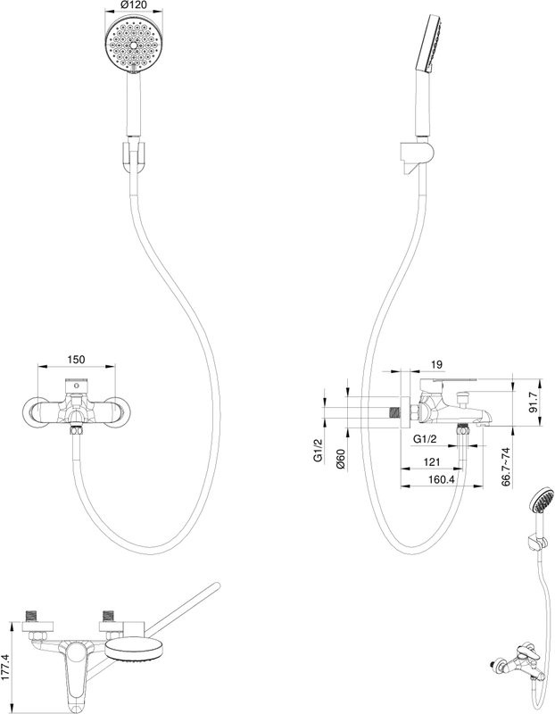 Смеситель для ванны с душем Wonzon & Woghand Alfa WW-AE3204-MB матовый черный