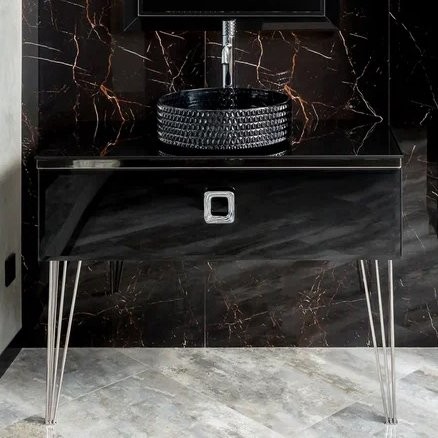 Тумба с раковиной Armadi Art Lucido 100 черная глянцевая, раковина 817-B, ножки хром