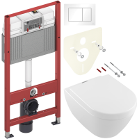 Комплект Унитаз подвесной Villeroy & Boch Subway 2.0 + Крышка 9M68 S101 с микролифтом, петли хром + Инсталляция TECE Base 9400413 4 в 1 с кнопкой смыва