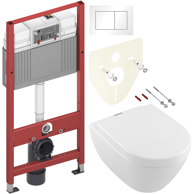 Комплект Унитаз подвесной Villeroy & Boch Subway 2.0 + Крышка 9M68 S101 с микролифтом, петли хром + Инсталляция TECE Base 9400413 4 в 1 с кнопкой смыва