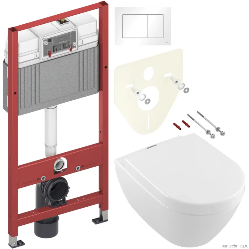 Комплект Унитаз подвесной Villeroy & Boch Subway 2.0 + Крышка 9M68 S101 с микролифтом, петли хром + Инсталляция TECE Base 9400413 4 в 1 с кнопкой смыва