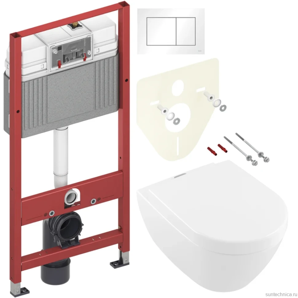 Комплект Унитаз подвесной Villeroy & Boch Subway 2.0 + Крышка 9M68 S101 с микролифтом, петли хром + Инсталляция TECE Base 9400413 4 в 1 с кнопкой смыва