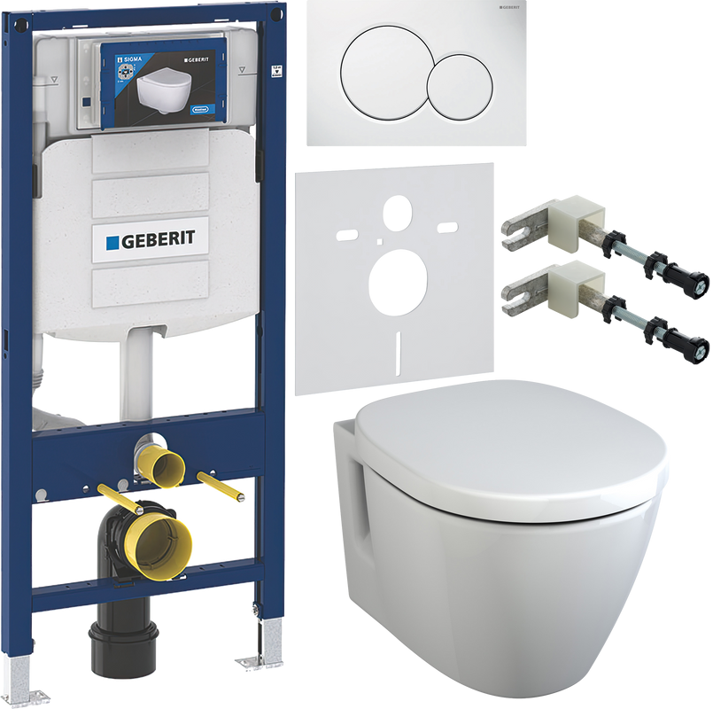 Комплект Унитаз подвесной Ideal Standard Connect E781901 с функцией биде + Крышка + Инсталляция Geberit Duofix UP 320 111.300.00.5 + Кнопка Sigma 01 115.770.11.5 белая + Крепления 111.815.00.1 к стене + Звукоизоляция
