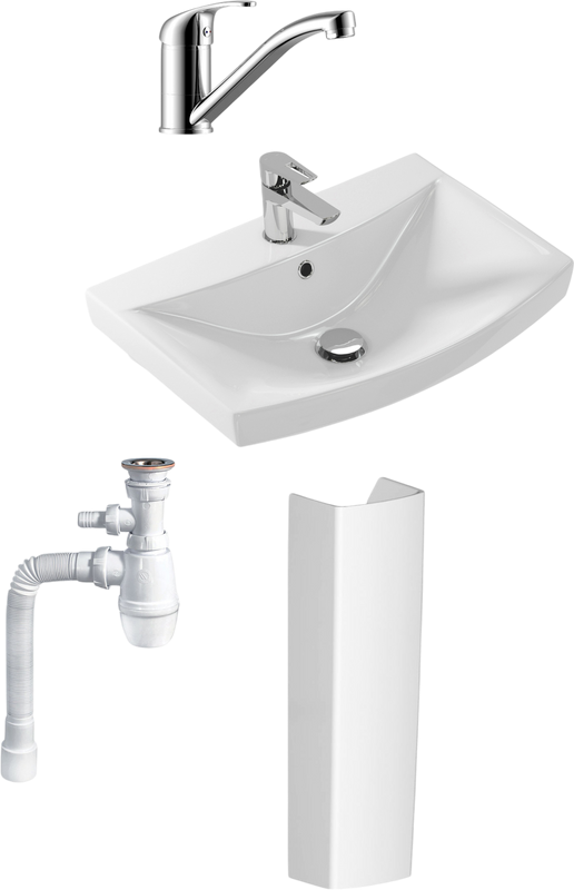 Комплект Пьедестал Cersanit Carina + Смеситель Rossinka Y + Сифон Wirquin Минор с отводом для стиральной машины + Раковина 60